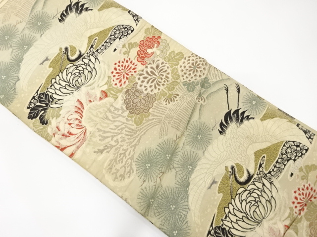 JAPANESE KIMONO / ANTIQUE MARU OBI / WOVEN CRANE WITH PINE & KIKU